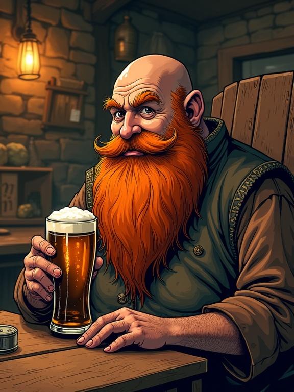 Comic book style digital illustration of a full-length portrait. Overweight dwarf with an orange beard. Sitting at an inn drinking a glass of beer. Non-photorealistic with soft cel shading and artistic shading. Soft warm inn light. Realistic art style with polygonal textures.