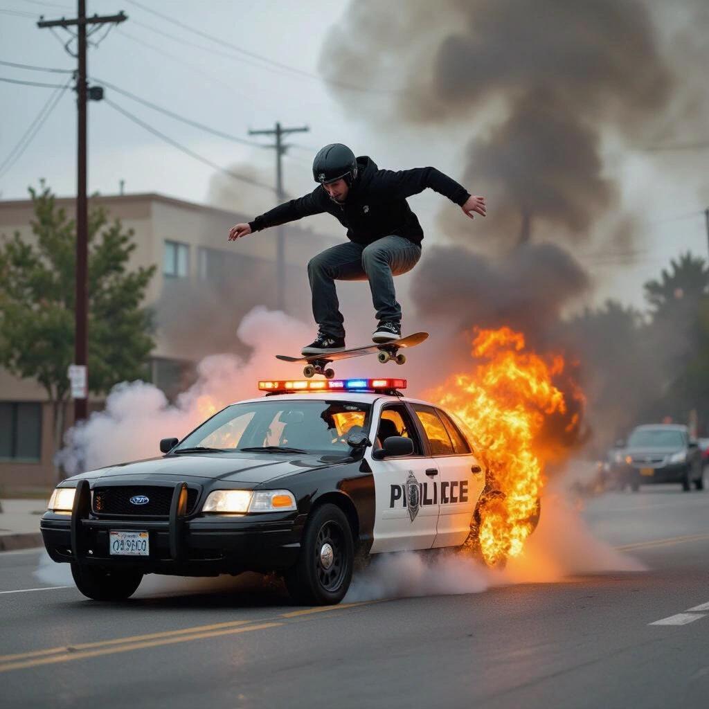 Skater jumping over a police car engulfed in flames. Smoke billowing from the car. Urban street setting with a sense of thrill and danger.