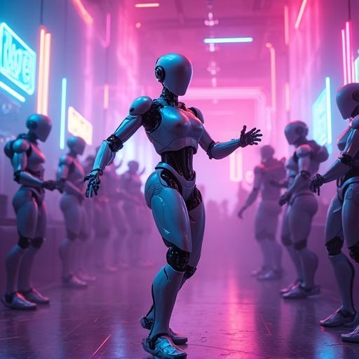A humanoid robot dancing energetically on a neon-lit stage inside a futuristic cyberpunk bar. The bar is filled with glowing holograms and vibrant neon signs in pink, blue, and purple. Other sleek robots are watching and cheering. The scene has dynamic motion, colorful light trails, fog, and laser lights. Style is ultra-detailed with cinematic lighting and a cyberpunk aesthetic in 4K resolution.