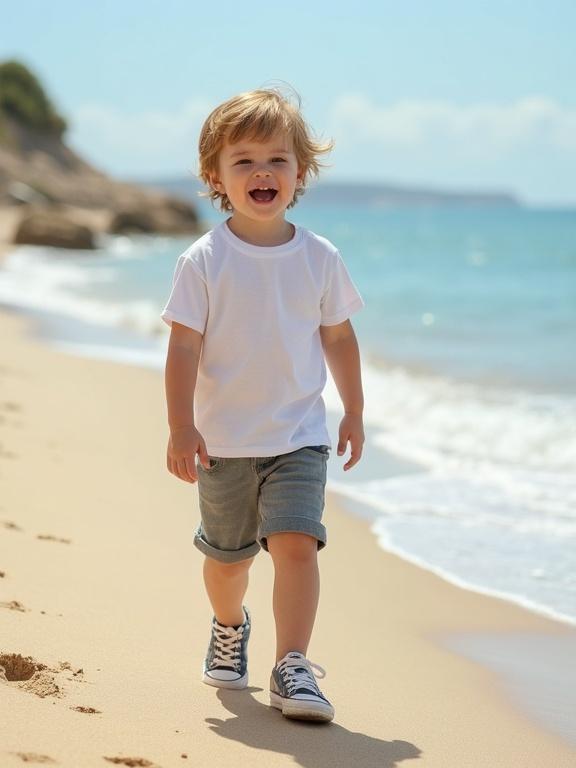 Little boy walks on sandy beach. He wears a white T-shirt and jersey shorts. Child smiles while walking. Sneakers on feet. Bright sunny day. Ocean waves in background.