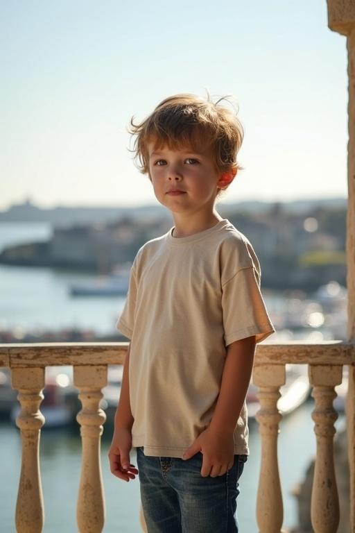 A young boy wearing a large natural-colored T-shirt and blue jeans stands on a balcony overlooking a sunny harbor. Light brown tousled hair gives an adorable look. The background displays a tranquil scene of boats in the harbor.