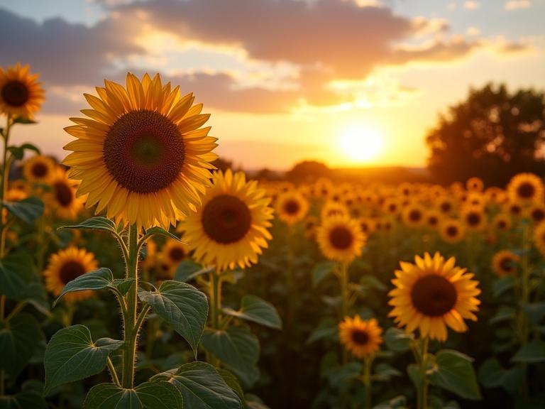 A field of sunflowers at sunset, with the sea in the background. Warm colors dominate the scene. The sun setting casts a golden hue over the flowers.