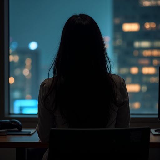 Photograph showing the back of a young lawyer working in a dim office at night. The lawyer has long dark hair and is focused on her work. The city skyline is visible through the window.