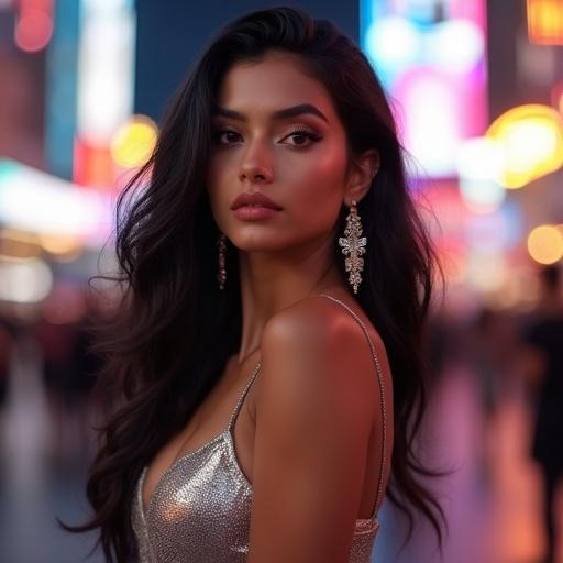 Glamorous portrait of a confident young woman in a metallic silver dress. Background features blurred neon city lights. The model has long wavy black hair, expressive brown eyes, and light makeup with glossy lips. She wears trendy earrings and high heels. Soft cinematic lighting enhances the scene's vibrancy.