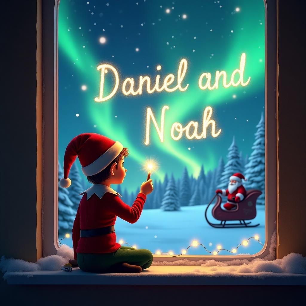 The image features an enchanting Christmas scene. An elf sits on a window ledge, back to the viewer. Using a wand, he writes the name 'Daniel and Noah' in shimmering lights. The background showcases colorful northern lights and a snowy landscape. In the distance, Santa Claus is seen in his sleigh, enhancing the festive spirit.