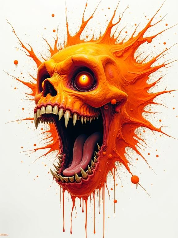 An exploded skull in orange with exaggerated features on a white background. The skull has sharp teeth and is emitting splashes of orange paint. JavaScript created the artwork with a focus on surrealism and horror themes.