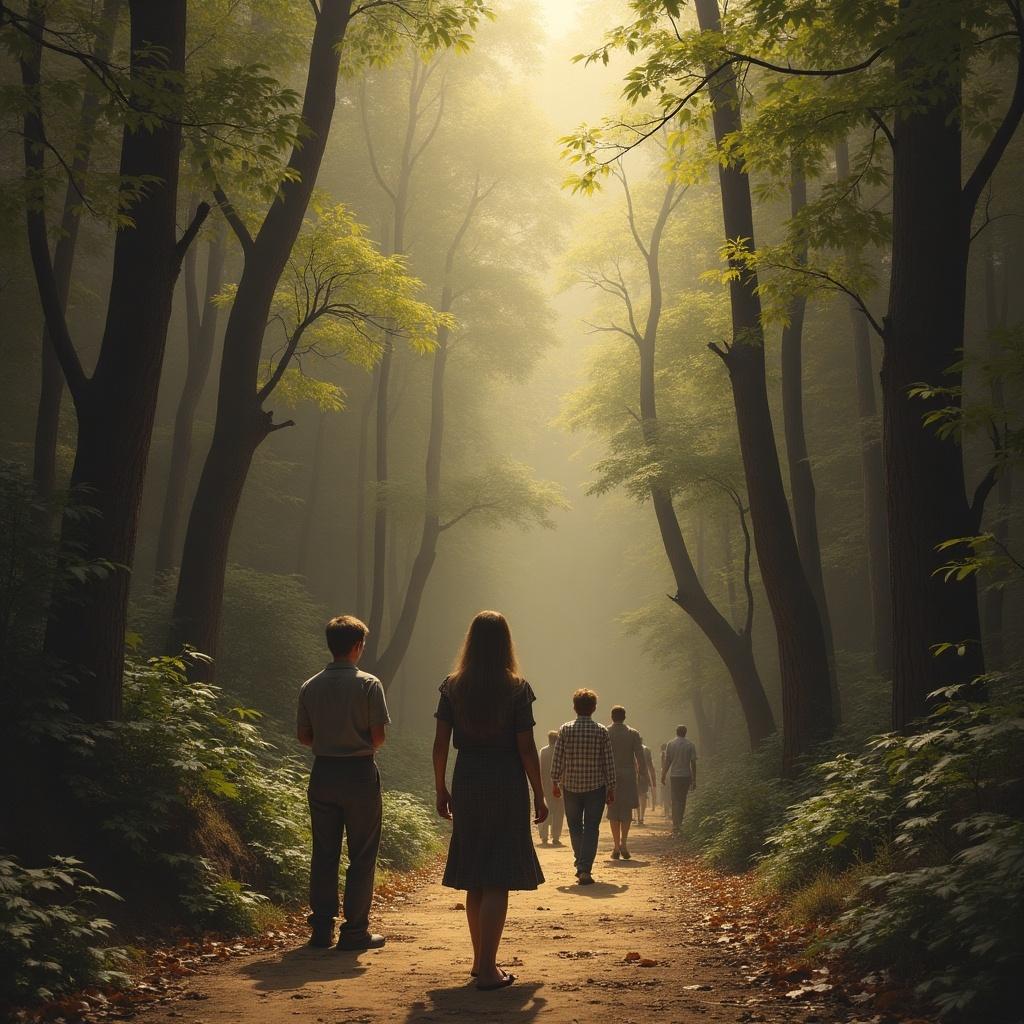 A mystical forest scene with people walking on a path. Soft sunlight diffuses through tall trees. The silhouettes of four people create an intriguing composition. The atmosphere is serene and inviting.