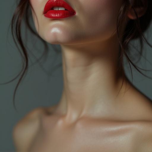 Close-up portrait of slender young woman with full, bright red lips. Elegant neckline and pronounced collarbones are visible. Skin glows under soft, diffused lighting. Composition is in shades of gray with clean lines for sleek design. Scene captures a sense of freedom from an elevated angle.