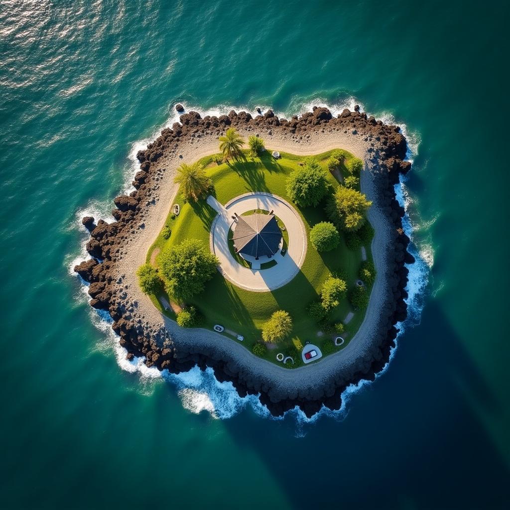 Aerial view of Shinyu Maru landmark in Sindangan Zamboanga del Norte Philippines. Small island surrounded by turquoise water. Green grass and palm trees on the island. Central pavilion in the middle.