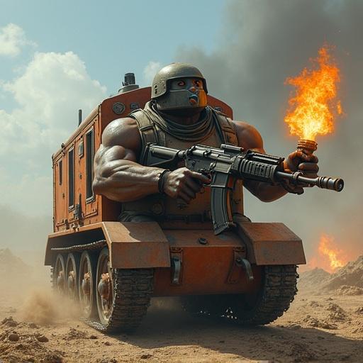 Character resembling tank engine with muscular arms gripping AK-47 and Molotov cocktail. Dusty background with dynamic and action-oriented vibe.