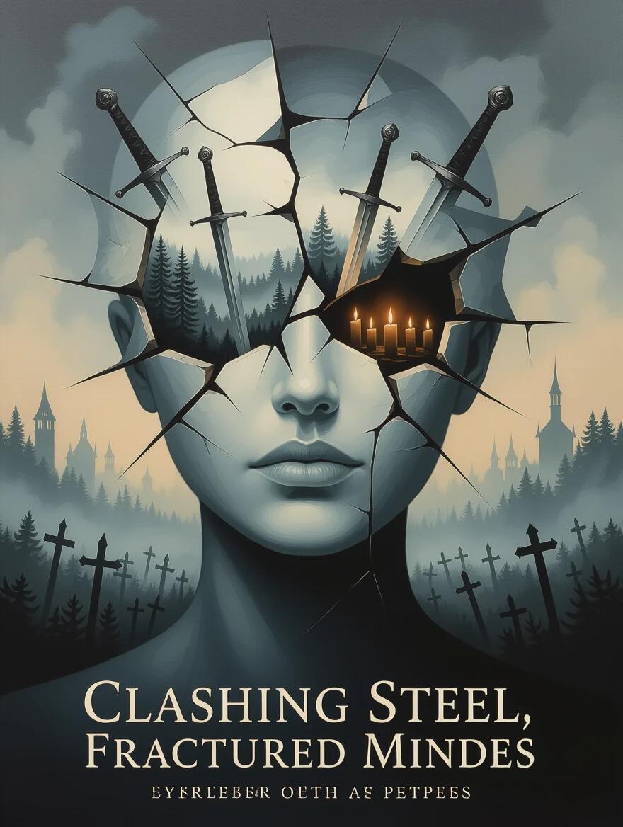 Surreal composition of a fractured human face. Jagged cracks show glimpses of swords foggy forests and candlelight. Expression is stoic and unreadable. Abstract battlefield fades into mist in the background. Muted tones of gray ochre and midnight blue used. Chiaroscuro lighting applied. Oil painting texture present. Elegant serif title "Clashing Steel, Fractured Minds" with a subtitle below.