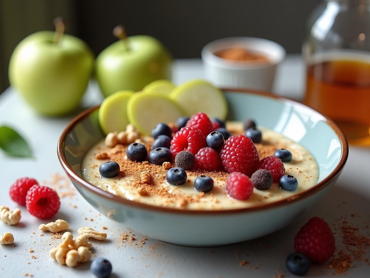 This image features a beautifully arranged bowl of overnight oats topped with a variety of mixed berries, including raspberries and blueberries, along with slices of green apple and walnuts. A sprinkle of cinnamon adds flavor, while honey drizzled on top enhances the presentation. The setting includes fresh green apples and a small bowl of cinnamon in the background, contributing to the wholesome feel. The lighting is soft and natural, emphasizing the vibrant colors of the ingredients. This bowl reflects a healthy breakfast option that is both appealing and nutritious.