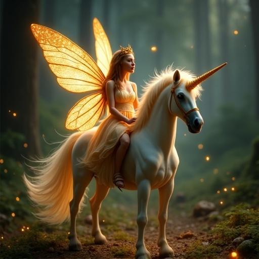 A fairy with large translucent wings sits on a unicorn. Fairy has golden lights on wings. She wears a flowing light-gold dress and a crown. The unicorn is white with golden details and glows. The background shows a dark forest with trees and leaves. Small sparkling lights add magic.