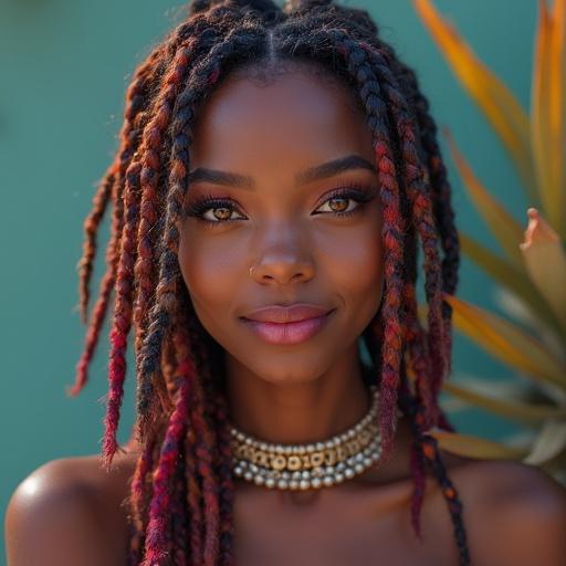 digital portrait of a woman with colorful braided dreadlocks. She is smiling and amazed. The eyes are glowing. Artistic makeup adds to the charm. The style is surreal and edgy. Textured patterns enhance the visual appeal. The image is vibrant and captivating.