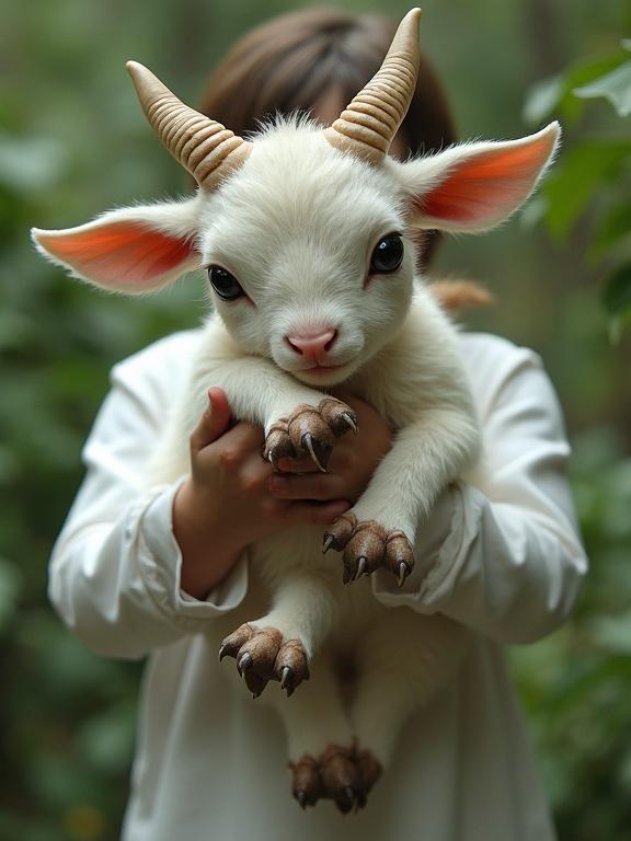 A child holds a mythical creature that resembles a calf. The creature has bird-like claws and small horns. The background is filled with greenery. Soft lighting highlights the creature, creating a sharp focus on its features.