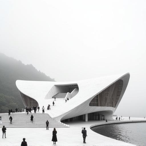Large white building designed by Kengo Kuma and Zaha Hadid. Sloping roof with carved window frames. Gradient facade with ink wash effect. Concrete terrace at entrance. People in dynamic poses on steps. Minimalist composition like fashion magazine cover. Soft background with grayish ink washes of mountains.