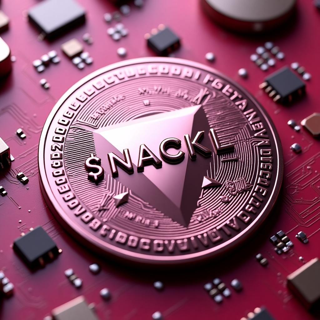 Close-up view of a digital coin on a pink motherboard. The coin features the name '$NACKL' prominently displayed. The background includes circuit elements enhancing the tech theme.