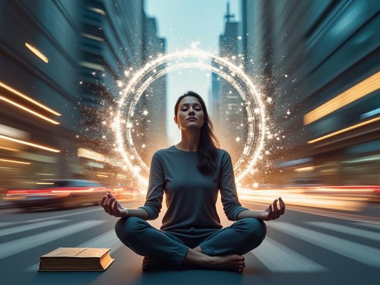Meditating person in lotus pose in busy city. Calm expression. Surrounded by motion blur. Aura of tranquility. Book rests in lap. Contrast of chaos and calm.