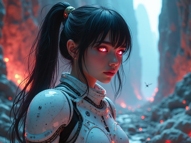 Portrait of a young female warrior in bright surrealism art. Massive bright stone cavern in background. Character has glowing red eyes and one glowing blue eye. Armor made from marble and granite with reflective features. Long hair in ponytail with black and silver stripes. Skin is pale with kaleidoscope patches. Neon accents in the environment with crystal mountains. Cybernetic flies present in the scene.