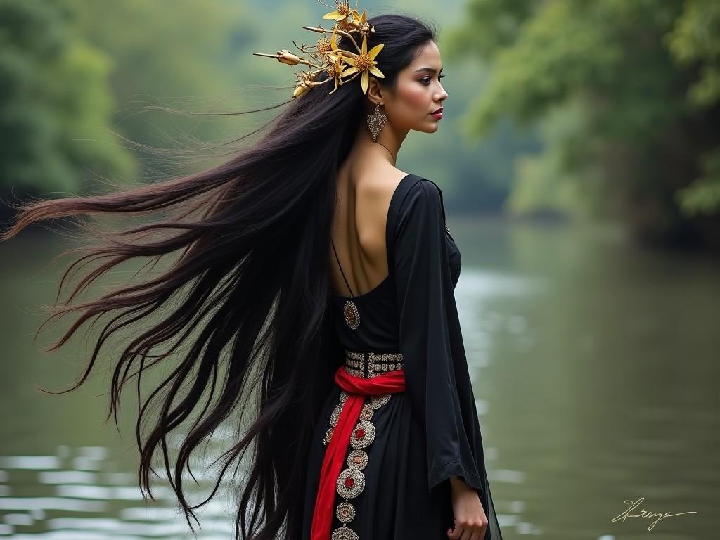 The image showcases a woman dressed in traditional attire, standing gracefully by a calm river. Her long black hair flows elegantly in the gentle breeze, creating a sense of movement and fluidity. She is adorned with golden accessories that accentuate her features, reflecting cultural significance. The background is lush with greenery, adding to the tranquil atmosphere. The scene evokes a sense of peace and connection with nature, embodying both beauty and tradition.