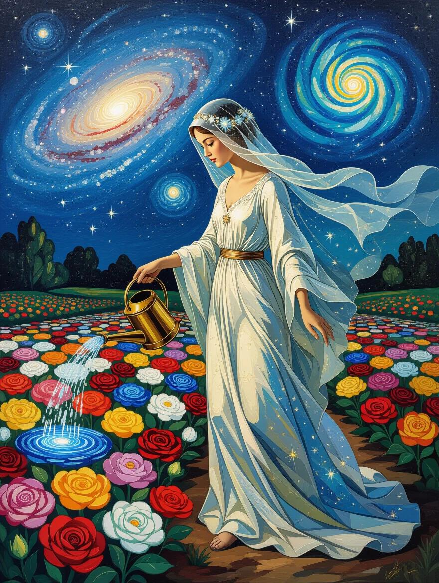 An ethereal figure in flowing robes tends to a garden with flowers resembling miniature galaxies. Nebulae swirl like morning mist. Planets appear as dewdrops on cosmic petals. A watering can pours liquid starlight creating spiral patterns. Style reflects Vincent van Gogh's painting.