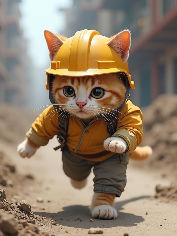 A realistic cat in a yellow helmet and construction clothes runs on a construction site. The cat has a tired look while in motion. Side view, dynamic pose.