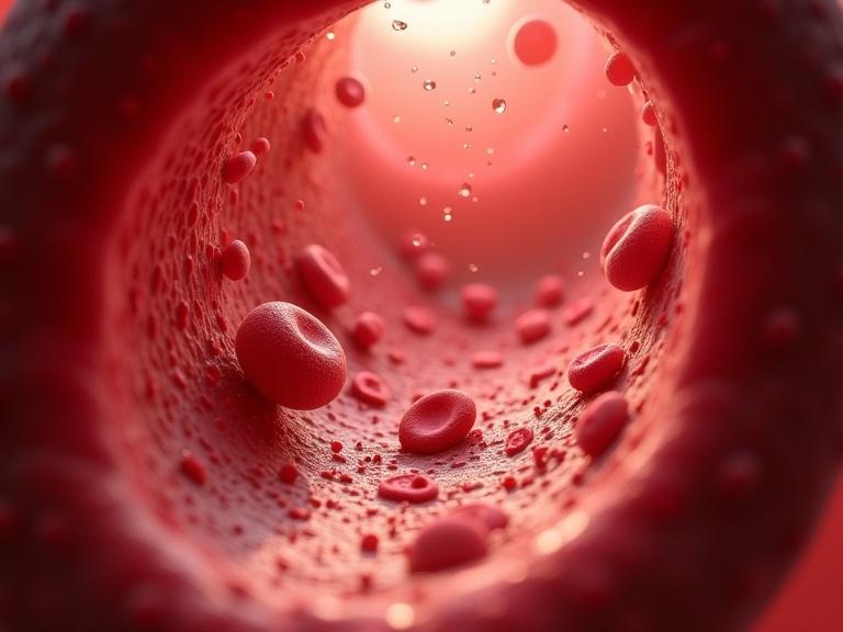 Inside a human artery perspective view looking deep into vessel red blood cells gently floating and flowing through bloodstream white blood cells and platelets visible floating micro particles in blood plasma photorealistic 3D medical illustration with soft dynamic motion accurate lighting textures and warm red tones immersive microscopic view