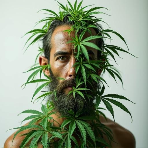A human figure creatively merges with cannabis plants. Lush green foliage frames the body. The artistic expression symbolizes the connection between humans and nature. Emphasis on natural beauty and botanical elements. Soft lighting enhances the serene mood.