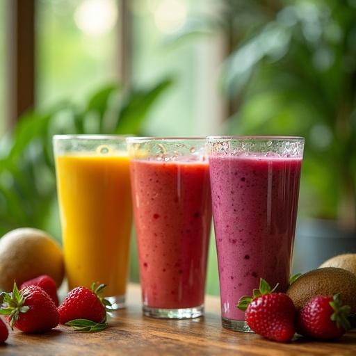 Scene depicting three colorful smoothies in biodegradable drinking cups made from green algae. Fresh fruits are placed on a wooden counter. Soft natural sunlight creates a cozy atmosphere with green plants in the background. Condensation is visible on the cups.