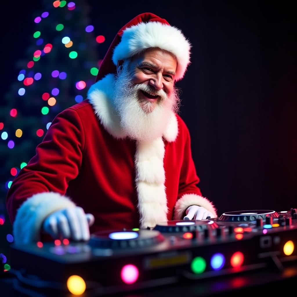 Santa Claus in a red and white suit is joyfully DJing in a dark background. Glowing DJ equipment adds vibrancy to the scene. Santa shows warmth and holiday cheer. The image captures the festive spirit of Christmas.