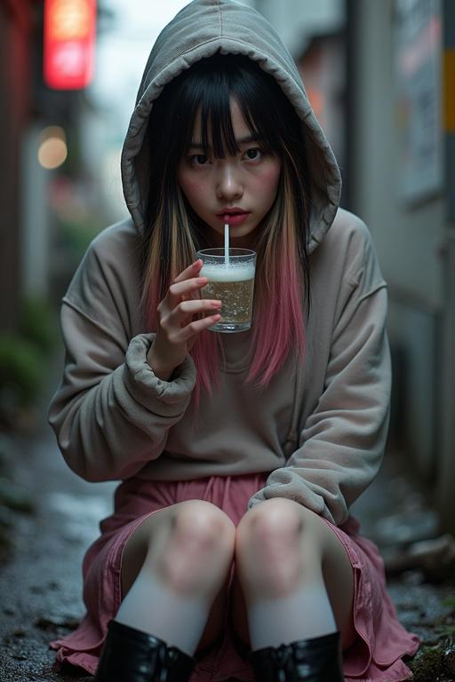Attractive young woman with long hair in hooded sweatshirt and pink skirt sitting in alley. She holds a drink. Background shows blurred alley with city lights.