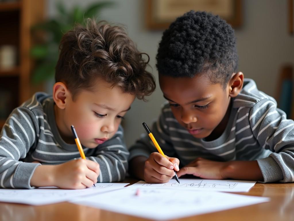 This image captures two young children deeply engrossed in a drawing activity. They are focused on their work, holding pencils and surrounded by papers, illustrating a quiet moment of creativity and concentration. Both children are wearing similar striped outfits, adding a sense of unity to the scene.