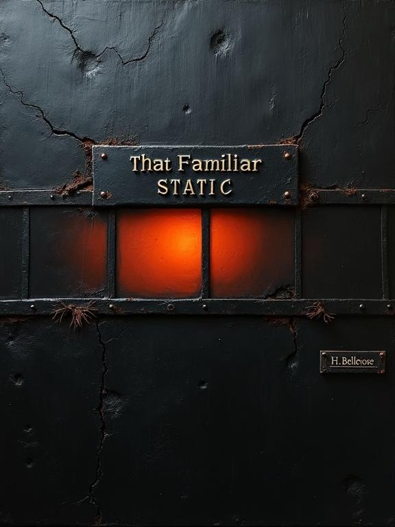 A dark minimalist rough oil painting with a textured black background. A horizontal strip of damaged film negative in the center with a dim red-orange glow behind it. The glow is subtle, surrounded by charred cracks. At the top, a distressed black metal plaque displays the title “That Familiar Static” in embossed lettering. A small crooked nameplate reading “H. Bellerose” is at the bottom right. The overall palette is dark and shadow-heavy with a moody tone.