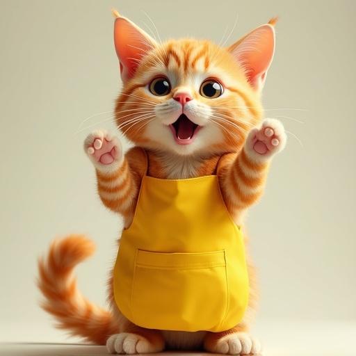 A semi-realistic orange tabby cat wearing a yellow apron. The cat stands upright, resembling a daycare worker. It has wide-open eyes, raised eyebrows, and a slightly open mouth indicating a surprised expression.