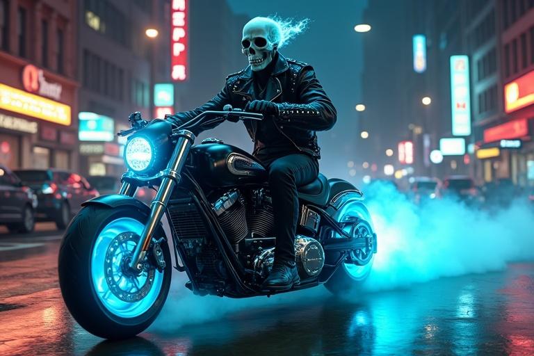 Ghostly skeleton biker rides a futuristic motorcycle through a neon-lit city at night. Skull emits blue flame trailing like an aura. Biker wears a black leather jacket silver studs tight pants heavy boots grips handlebars menacingly. Motorcycle with glowing blue wheels emits misty aura speeding through wet streets. Background features tall buildings neon signs parked cars alleyways creating a cinematic action atmosphere. Vivid bright colors dramatic lighting enhance scene.