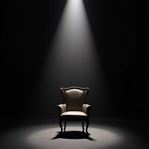 A chair from a television show in a dark space with an overhead spotlight.
