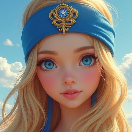Portrait of a young woman with long blonde hair and blue eyes. Close-up framing emphasizes facial features. Blue headband features detailed emblem for stylish look. Background shows blue gradient and clouds for dreamy atmosphere. Emphasize realism with intricate details, avoiding cartoonish elements.