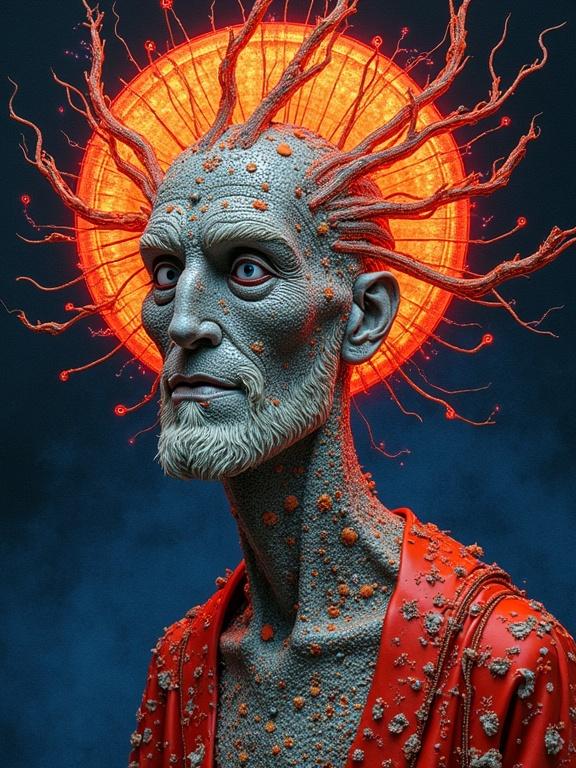 Surrealism blends with molecular design in a portrait. Neon halo creates a striking visual. The figure is adorned with intricate textures and forms. Traditional needlework influences the style. Bright colors and shadows enhance depth.