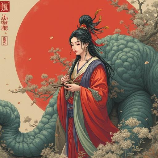 Illustration of a heroic female figure from Chinese history standing before a large mythical being against a red sun backdrop