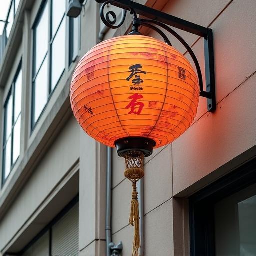 A bright red lantern hangs on the wall of a building. The lantern is well-lit and has intricate patterns. It is mounted on a black bracket. The backdrop is an urban setting with large windows.