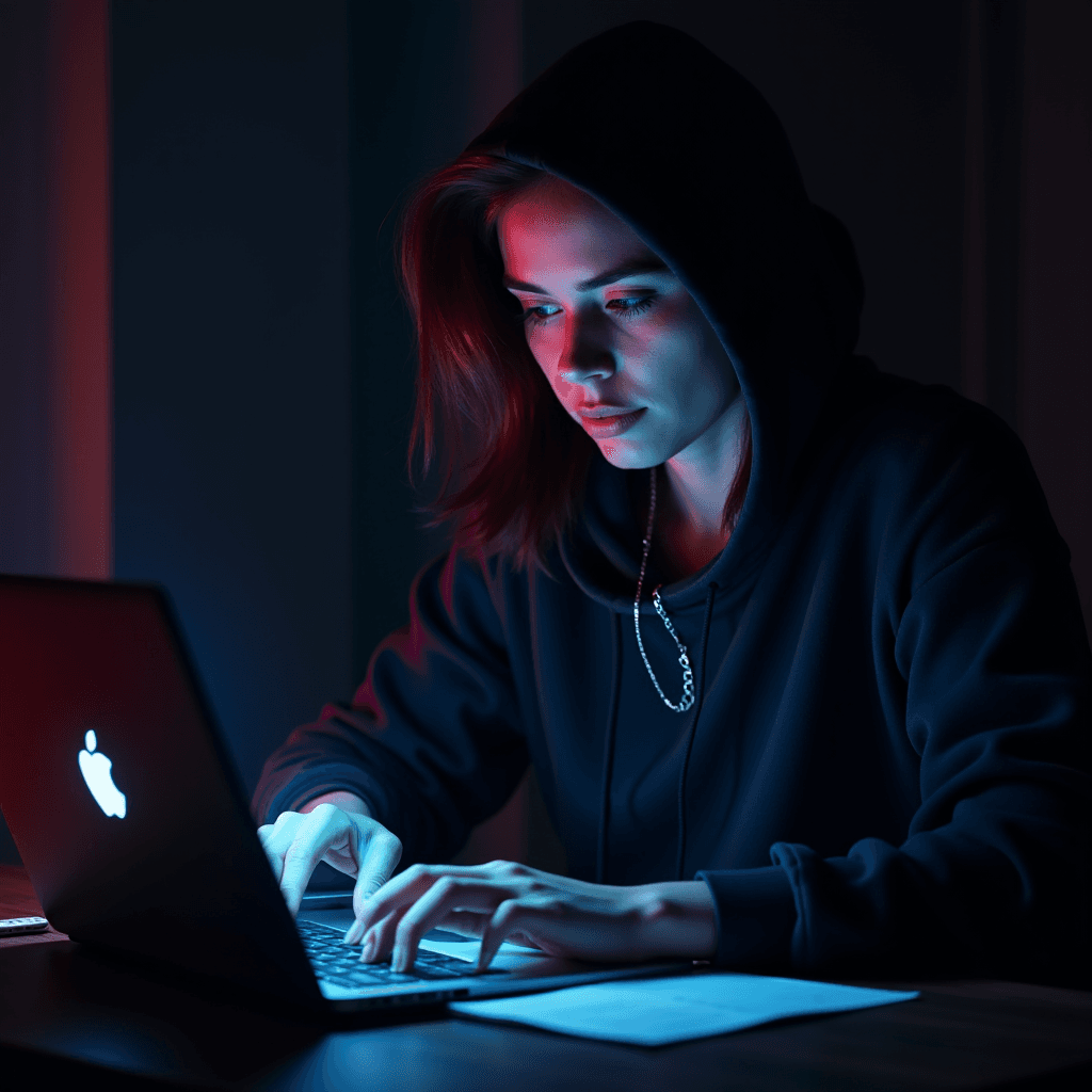 A person in a hoodie intensely working on a laptop in a dimly lit room.