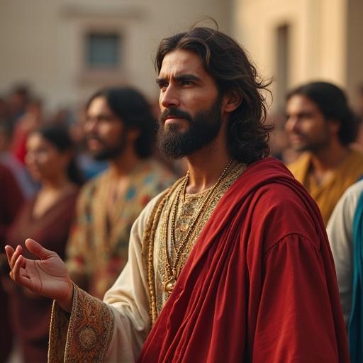 Jesus choosing his disciples in historical attire, ultra-realistic style, depicting a crowd