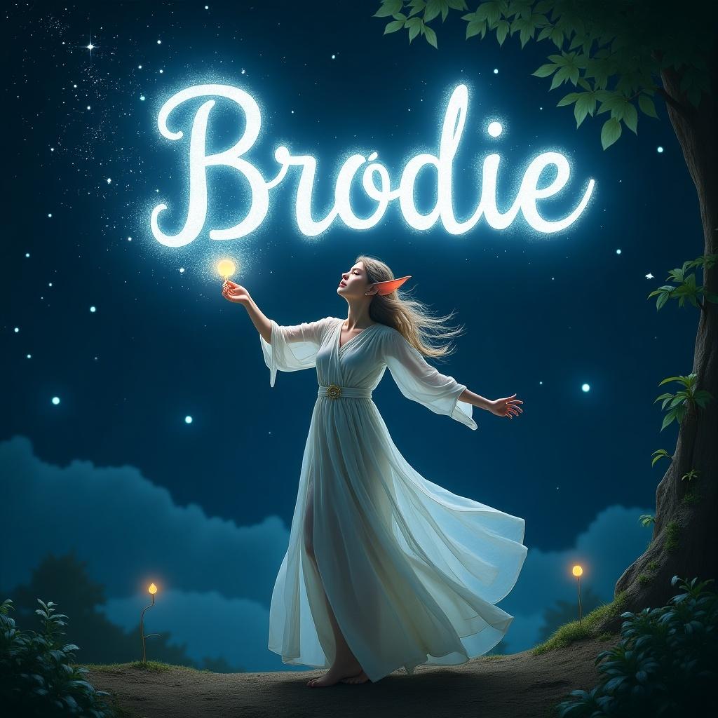 An elf uses a magical wand to write names in sparkling text against a starry night sky. The name 'Brodie' glows brightly. The scene is dark and magical, inviting viewers into a fantasy world.