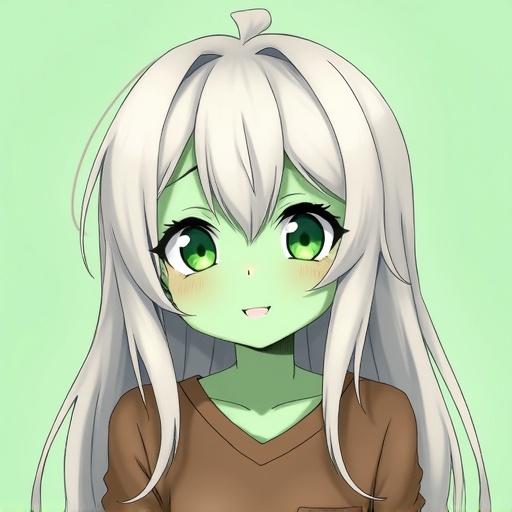 Girl with green skin and green eyes. White hair. Very cute anime style. Smiling expression. Wearing brown clothes.