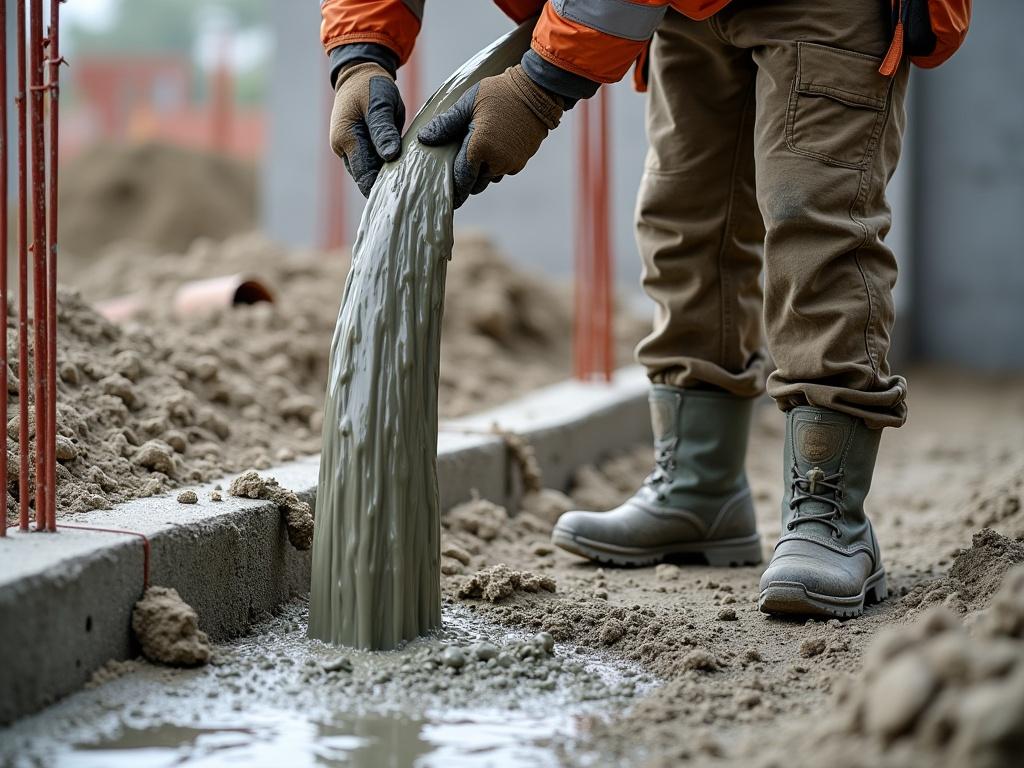 A building construction worker is pouring cement or concrete using a pump tube at a construction site. The worker is standing in a muddy area where the concrete is being poured onto a foundation. He is wearing protective gear including gloves and boots. The ground is covered with a layer of fresh concrete, and rebar structures are visible in the background, indicating where walls will be built. The scene captures the active process of construction and the use of machinery in building projects.