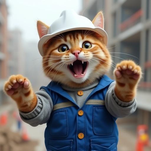 Realistic cat wears white safety helmet and blue work uniform. Cat is on construction site. Cat has surprised expression with arms wide open. Styled in Genba Neko fashion.