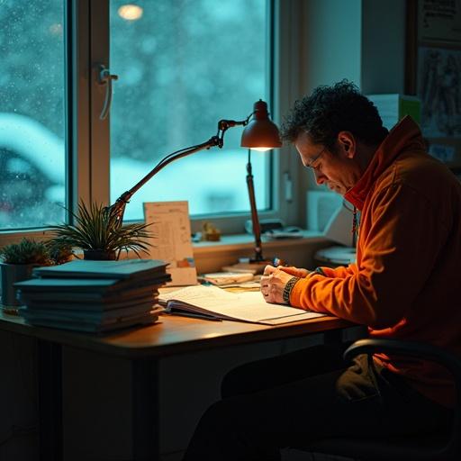 Person studying pipeline maps under a desk lamp. Snow visible through the window. Aides appear exhausted with stacks of energy reports. Cinematic style.