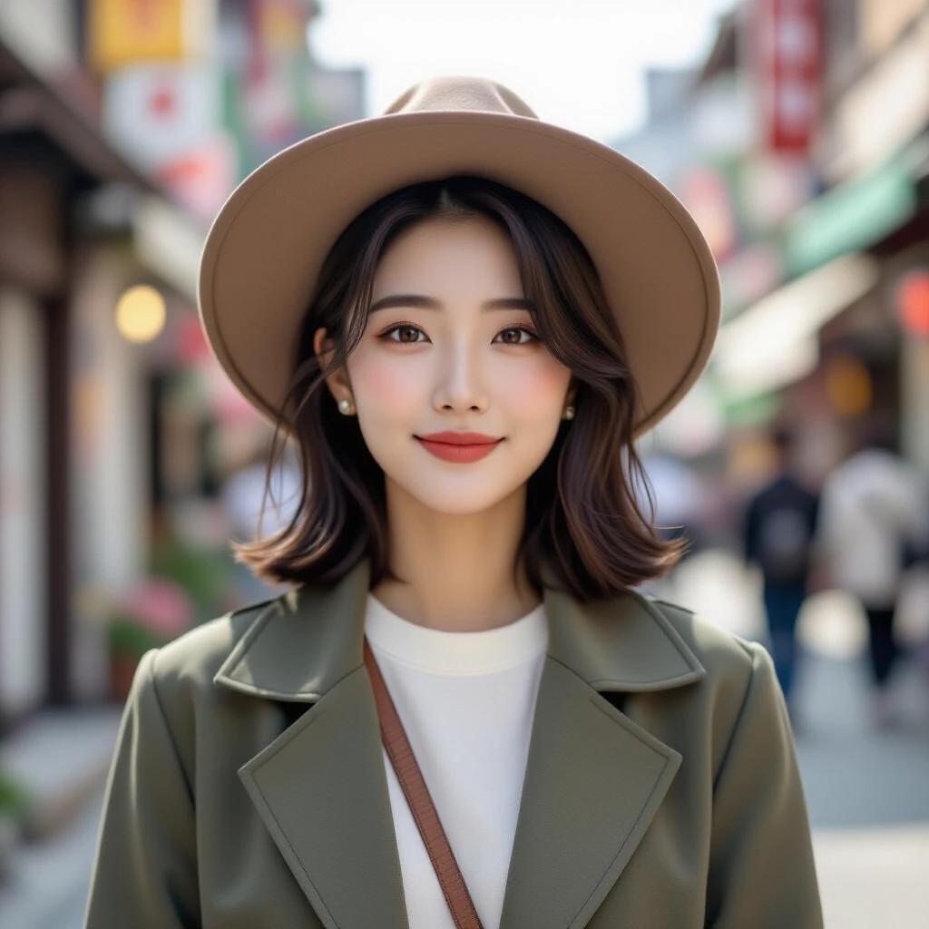 Stylish woman wearing a hat and coat walking through a lively street in Jeonju, Korea.