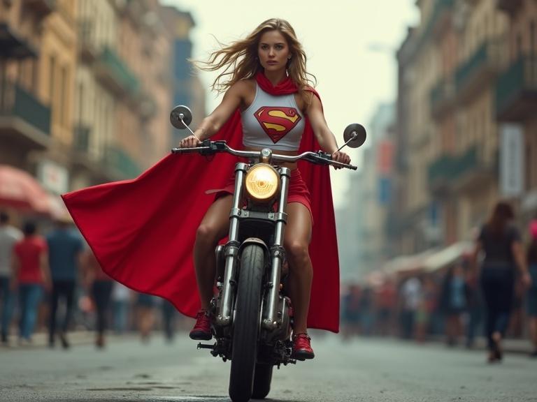 Supergirl in a red mini skirt and white crop top riding a motorcycle on a crowded street. She wears a red cloak and has an 'S' logo on her crop top. The scene has a cinematic feel.