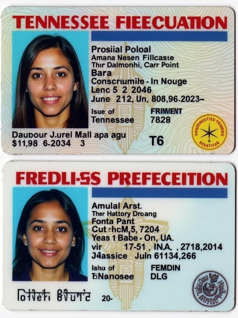 Image displays Tennessee driver's license showcasing identification details. Includes name, date of birth, age, and issuance location.